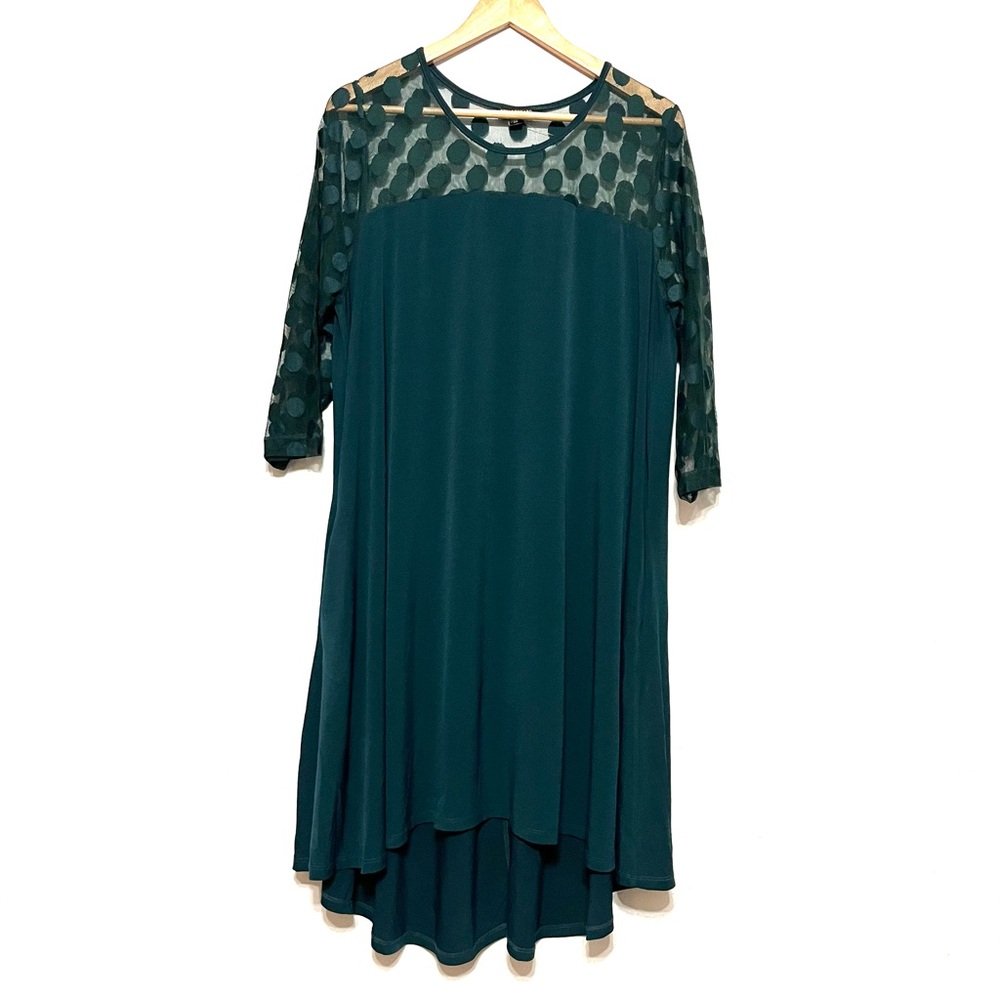 Nina Leonard Women’s Plus Size Elegant Teal Dress with Sheer Polka Dot Sleeves